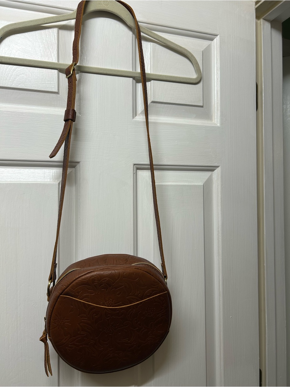 Portland Leather Tan Embossed Round Crossbody Bag